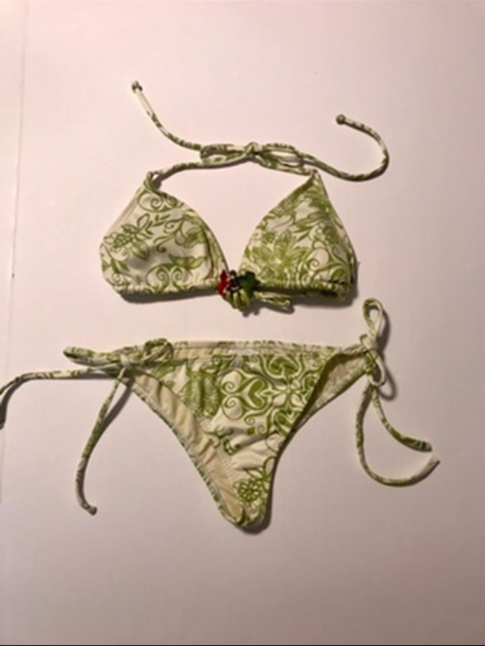 Green & White Floral String Bikini Set